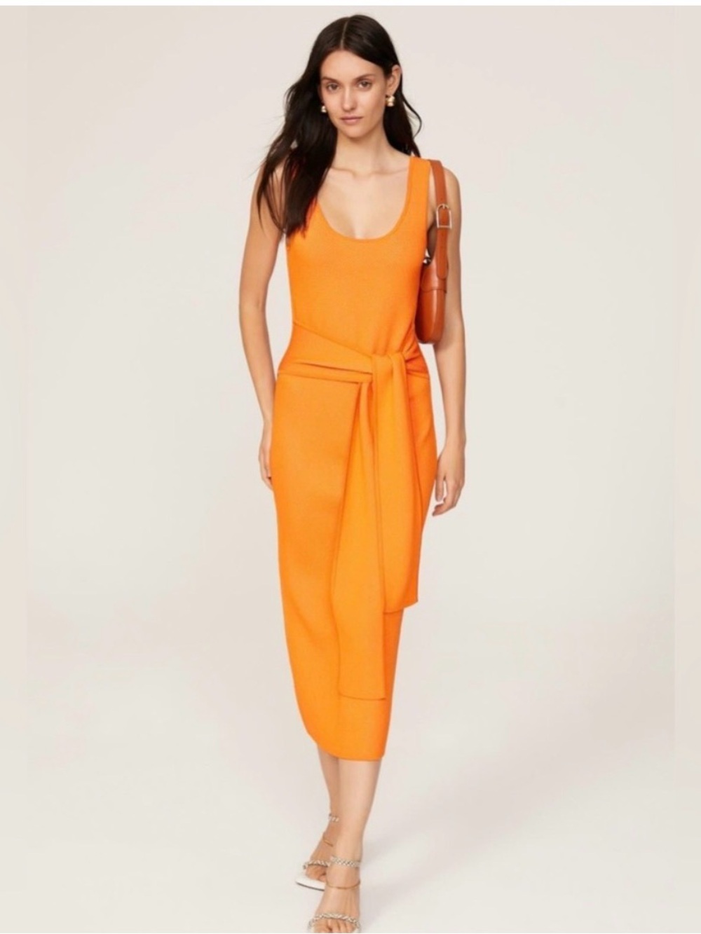Toccin Sleeveless Orange Midi Dress with Self-Tie Waist MSRP $325
